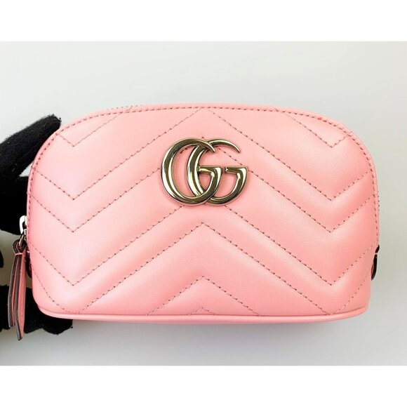 NWT Gucci GG Marmont Cosmetic Pouch in Pink Quilted Chevron Leather - Picture 2 of 11